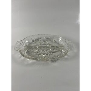 Vintage Pressed Glass Divided Relish Dish w/ Handles Starburst Pattern Candy